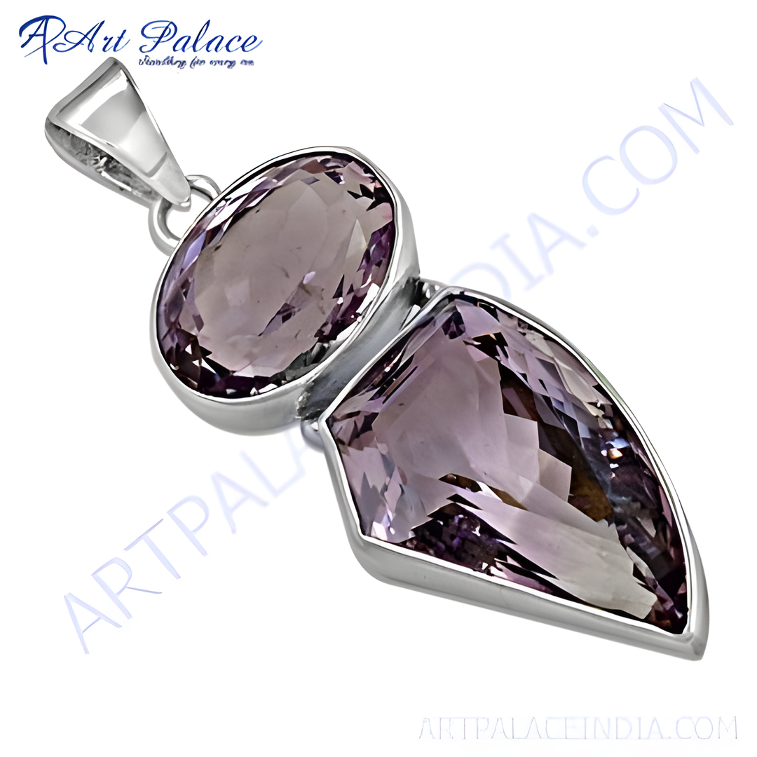 925 sterling silver amethyst pendant with two purple gemstone stones for women.