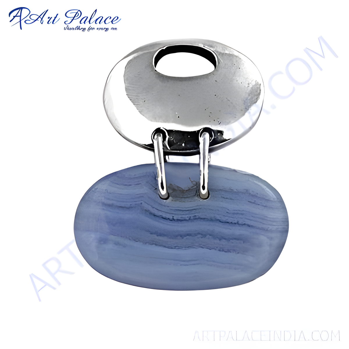 925 sterling silver pendant with a polished finish and a large, oval blue lace agate gemstone