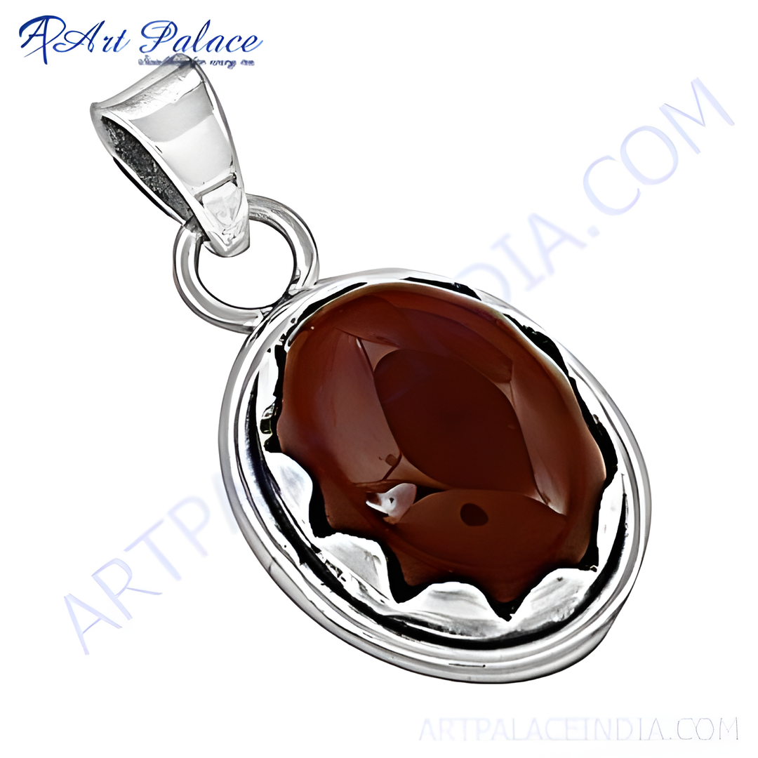 925 Sterling Silver Carnelian gemstone pendant with a polished finish and a dark brown hue.