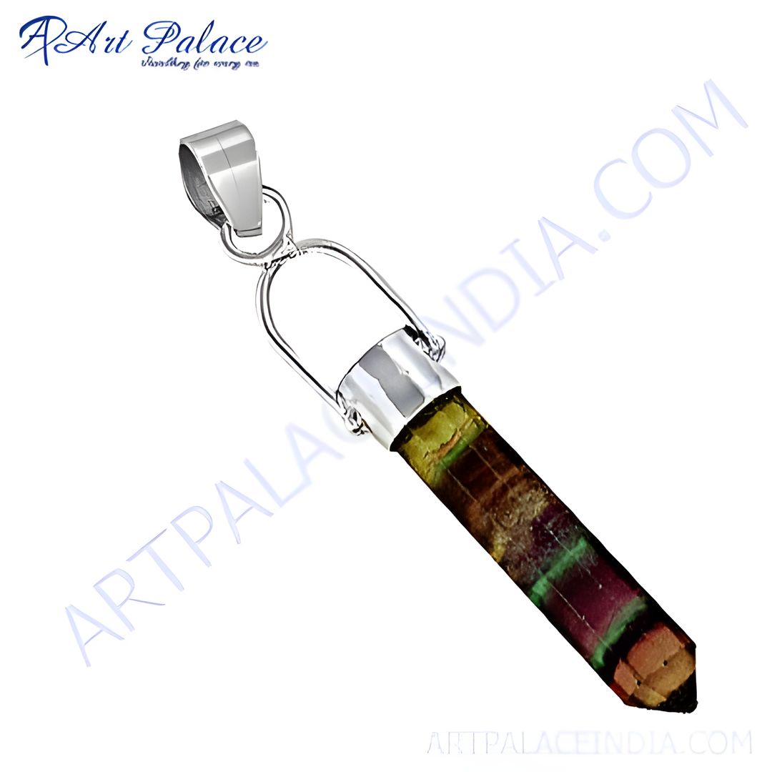 Silver fluorite pendant necklace. The pendant features a colorful gemstone with a silver bail.