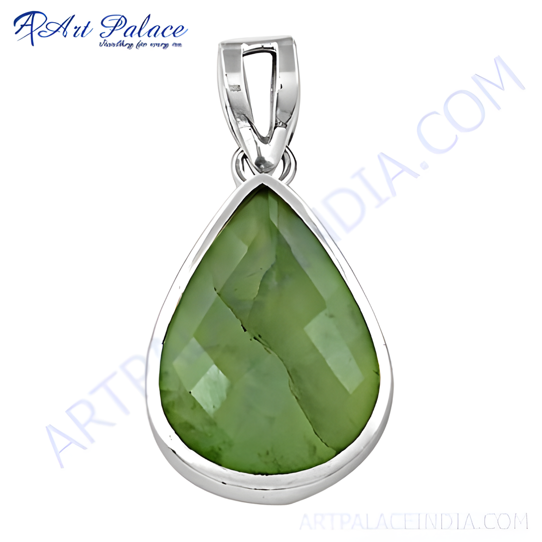 925 sterling silver teardrop pendant with a faceted green gemstone, perfect for women's necklaces.