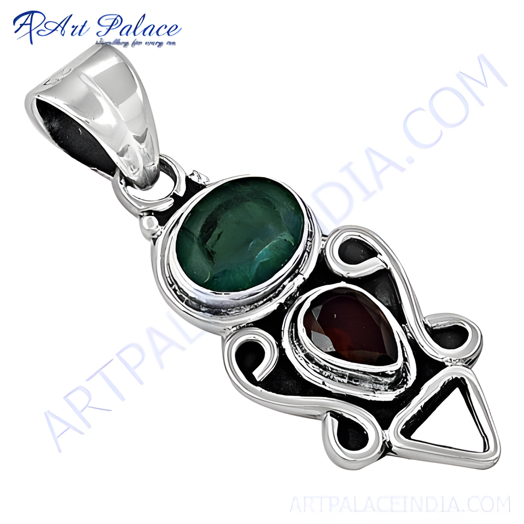 925 sterling silver pendant with green and maroon gemstones, a unique and elegant charm pendant design.