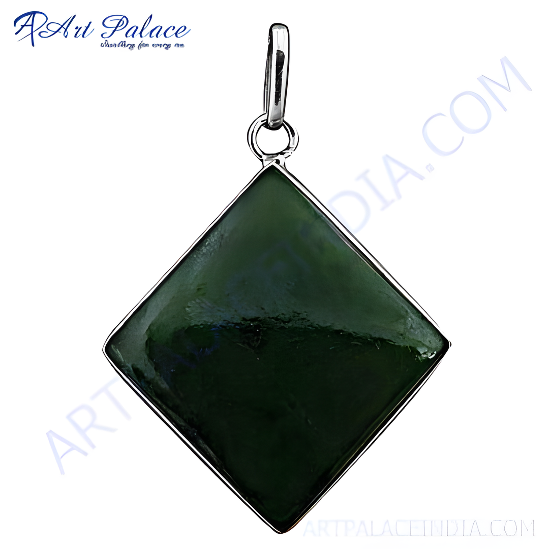 925 sterling silver pendant featuring a square cut green jade gemstone, perfect for necklace wear.