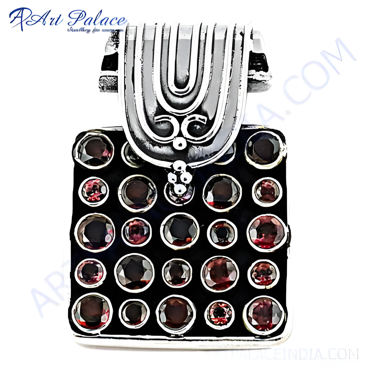 925 sterling silver charm pendant with black background and many garnet gemstones