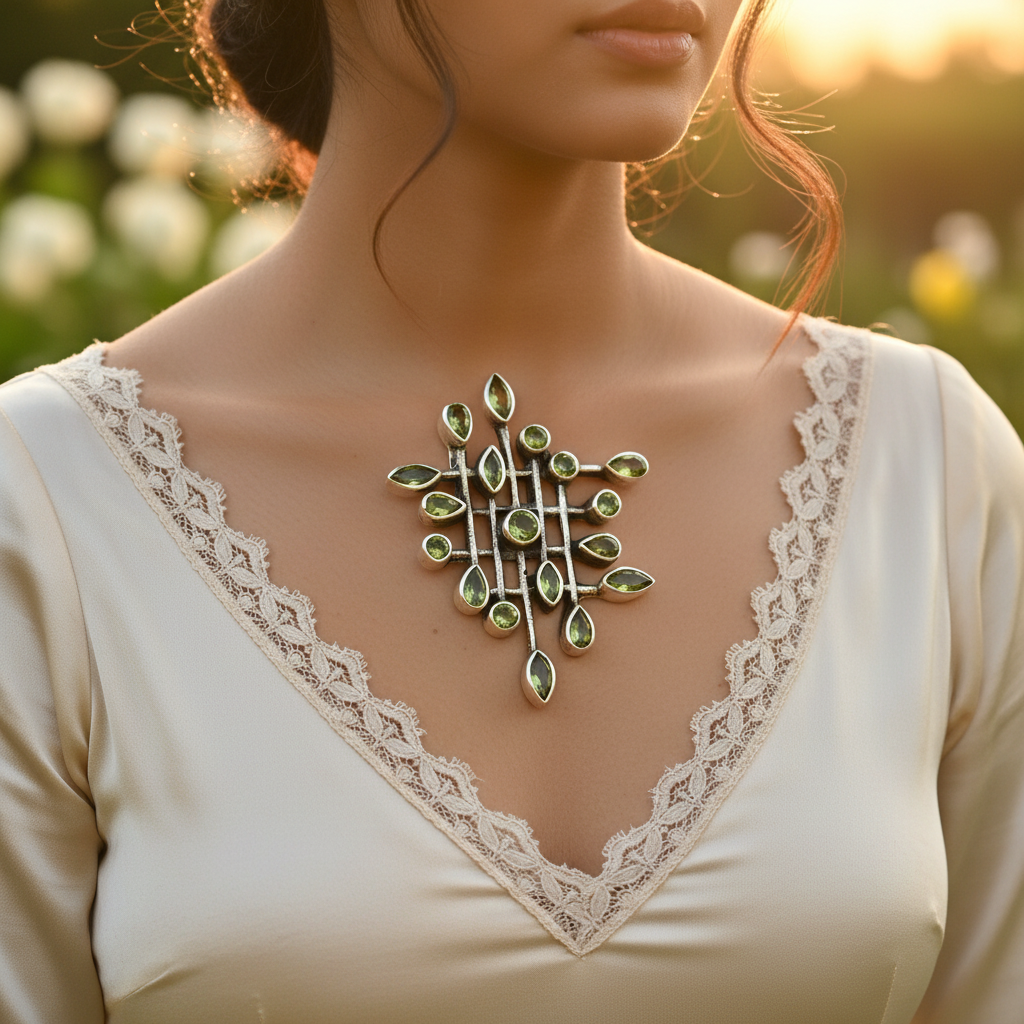 Silver Peridot Pendant Necklace for Women | Geometric Jewelry