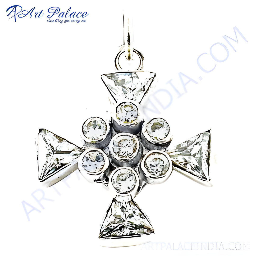 Sterling silver cross pendant with clear cubic zirconia stones. Elegant and sparkling jewelry.