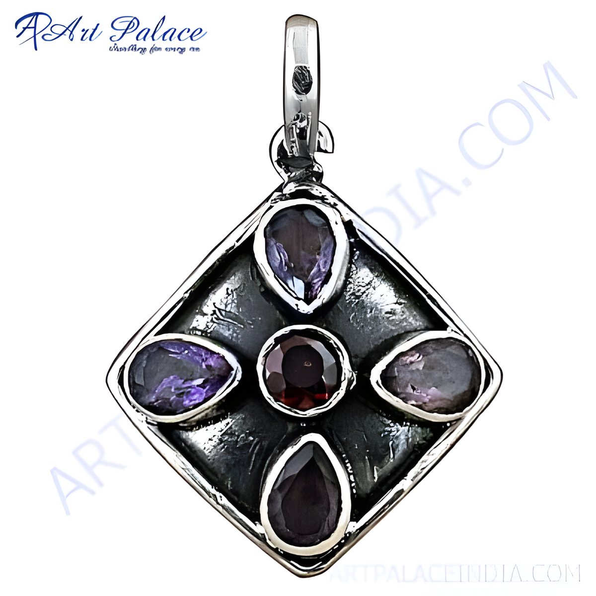 Sterling silver pendant with amethyst and garnet gemstones, perfect for women