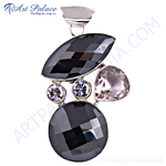 Load image into Gallery viewer, Sterling silver pendant necklace featuring a black faceted stone and clear crystals.
