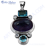 将图像加载到图库查看器中， 925 sterling silver pendant with a large purple amethyst gemstone and blue topaz accents, a beautiful gemstone pendant necklace.
