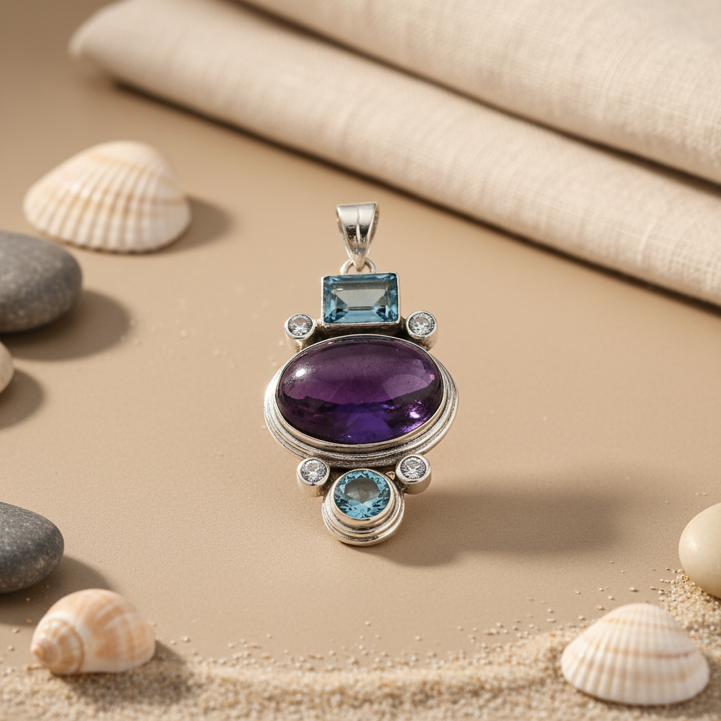 925 Silver Amethyst & Blue Topaz Pendant for Women | Gemstone Jewelry