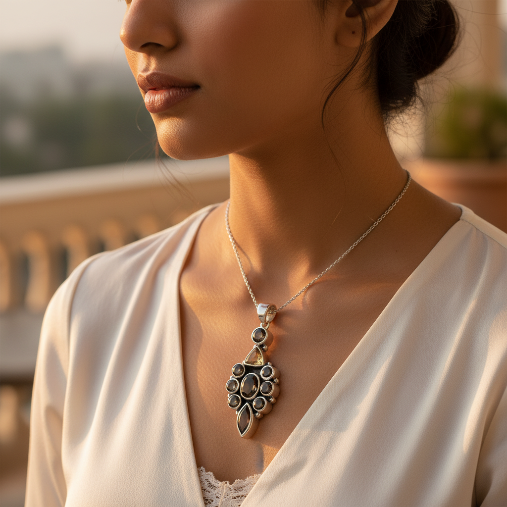 Colgante de cuarzo ahumado en plata 925 para mujer | joyería con piedras preciosas