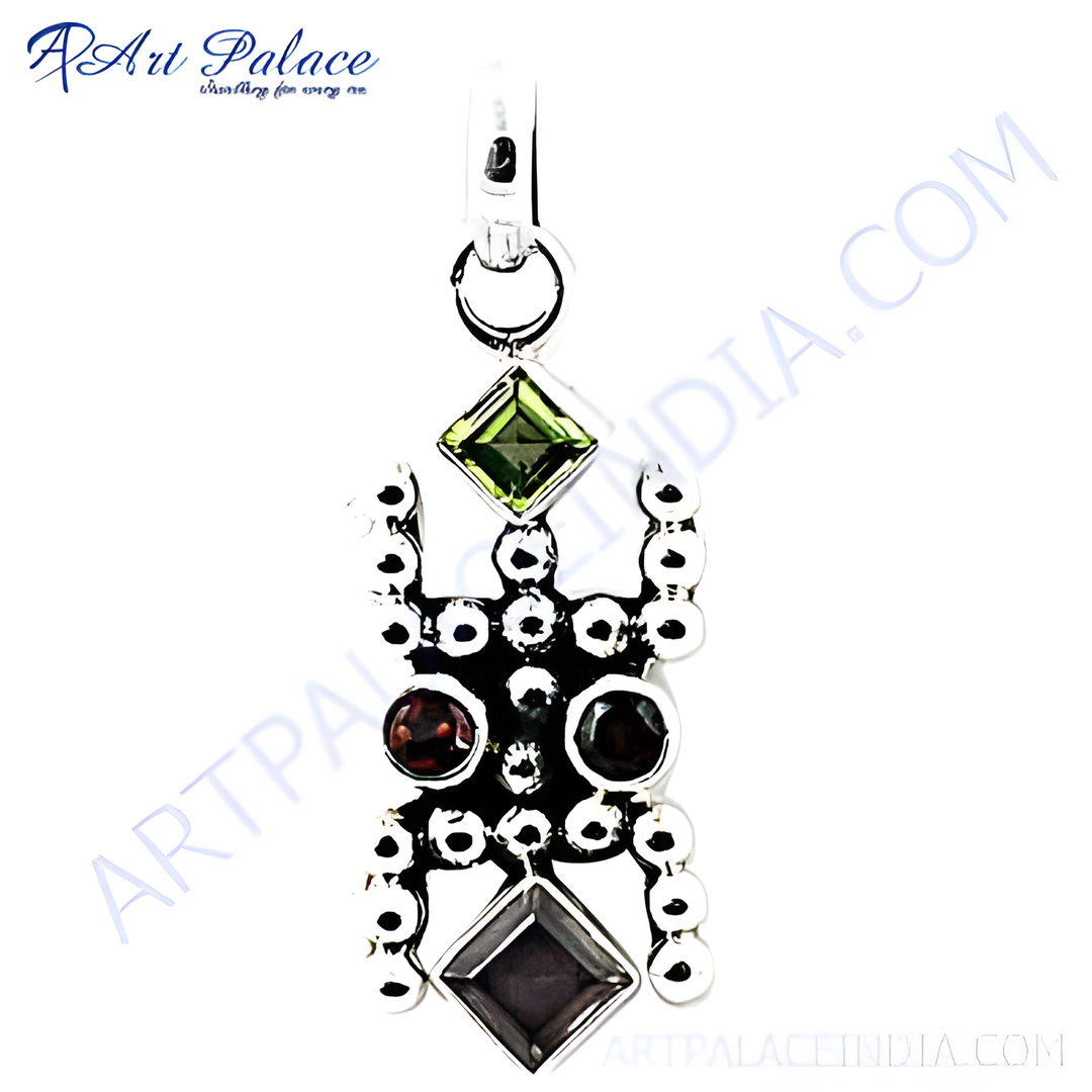 925 sterling silver gemstone pendant featuring peridot, garnet, and smoky quartz, a unique charm pendant.