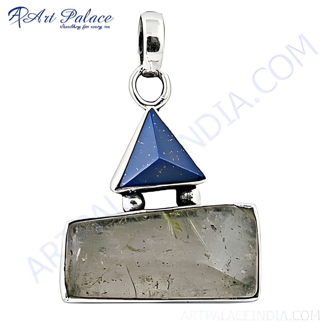 925 sterling silver pendant with a blue lapis lazuli triangle and clear rutilated quartz stone