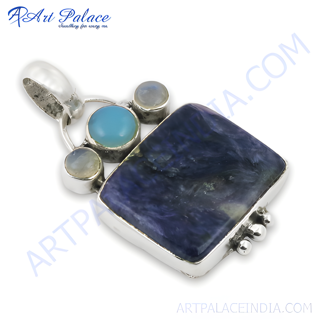 925 sterling silver charoite pendant with blue and moonstone gemstone accents.