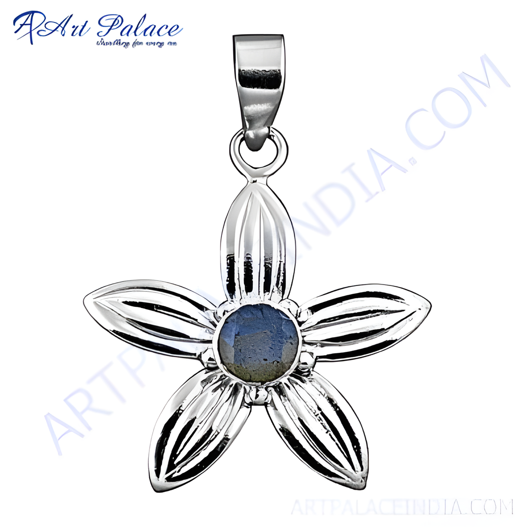 925 sterling silver flower pendant with a blue gemstone center for women's jewelry.
