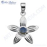 Load image into Gallery viewer, 925 sterling silver flower pendant with a blue gemstone center for women's jewelry.
