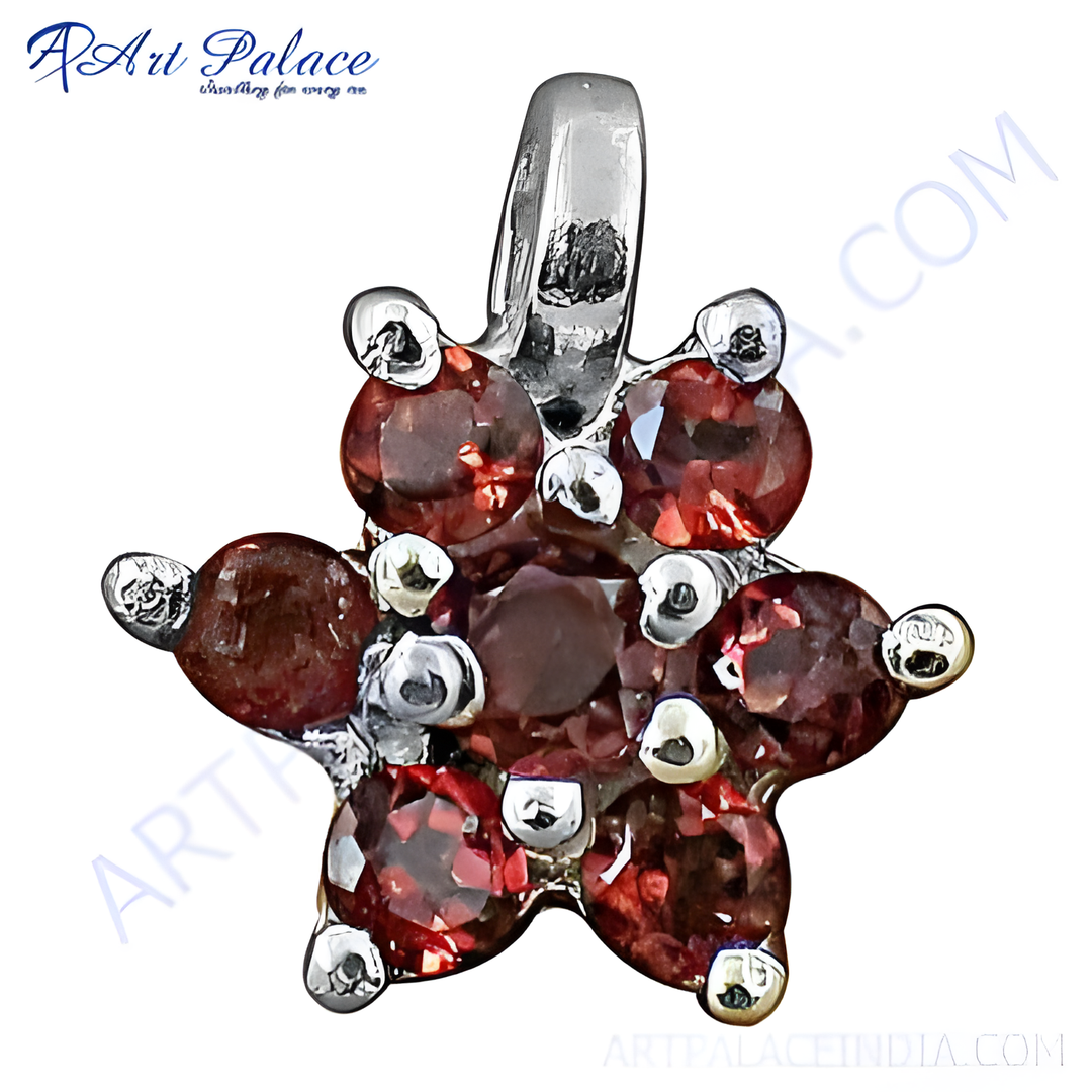 Sterling silver flower pendant with red garnet gemstones, a beautiful piece of gemstone jewelry