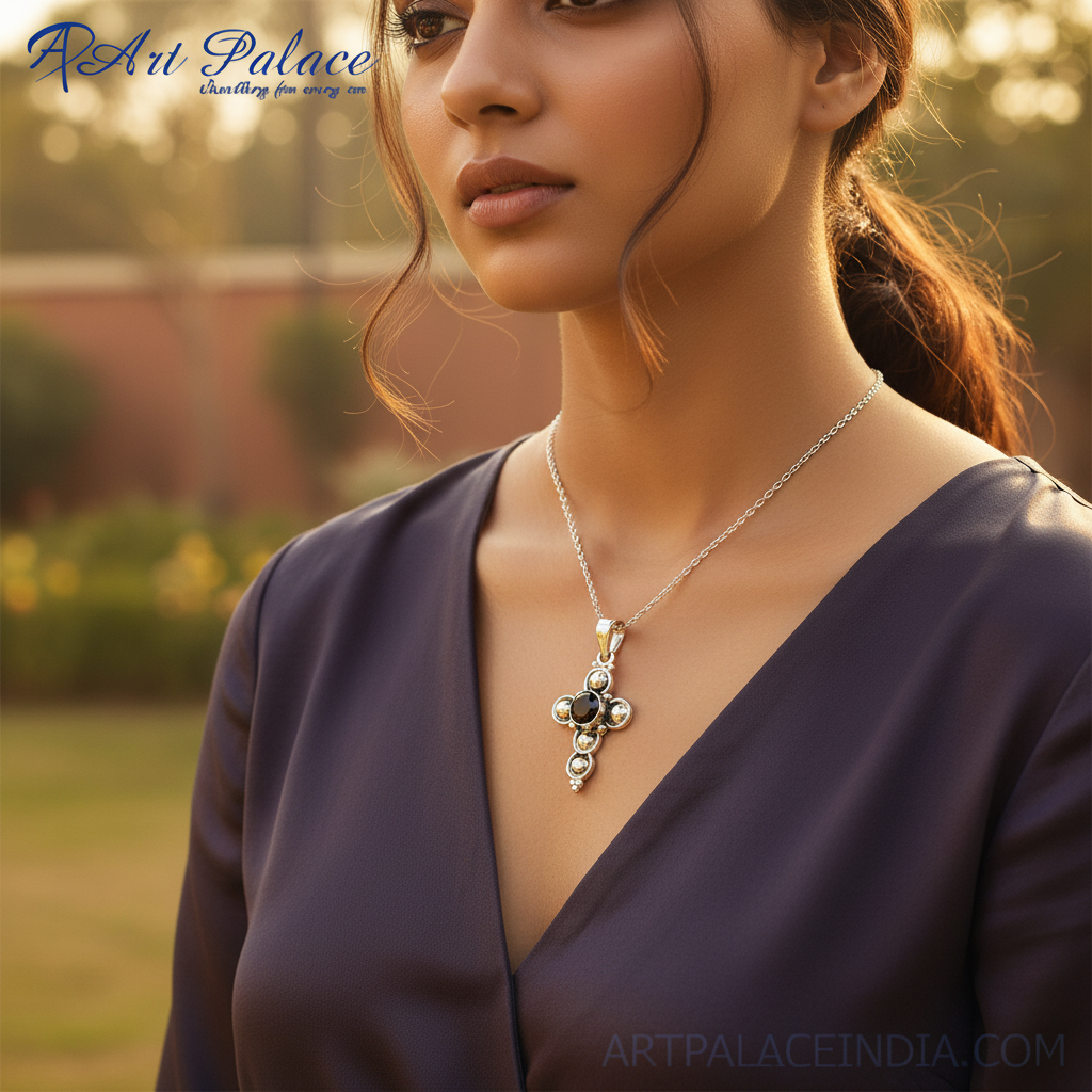 925 Silver Black Stone Cross Pendant | Religious Jewelry Gift