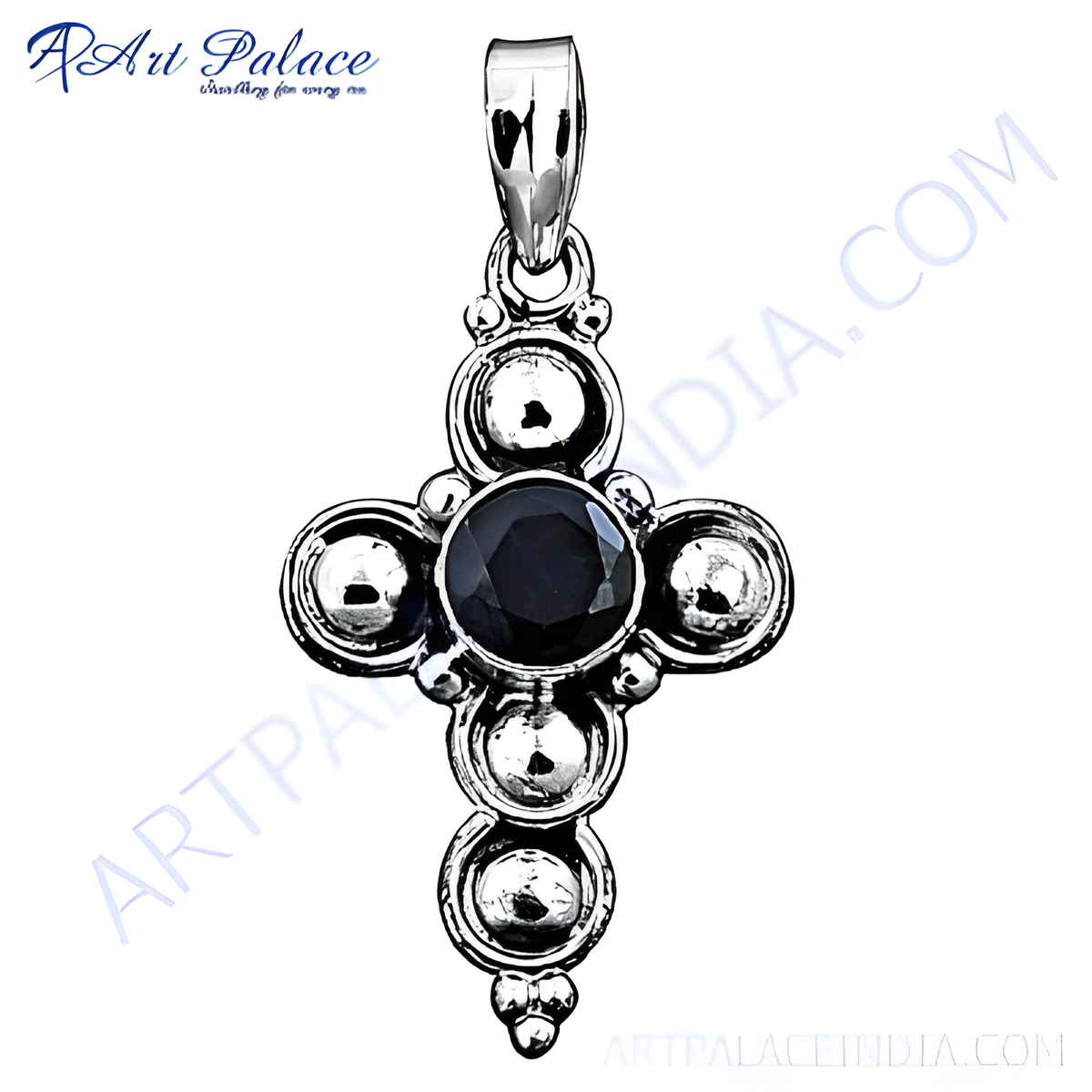 Sterling silver cross pendant with a black gemstone center