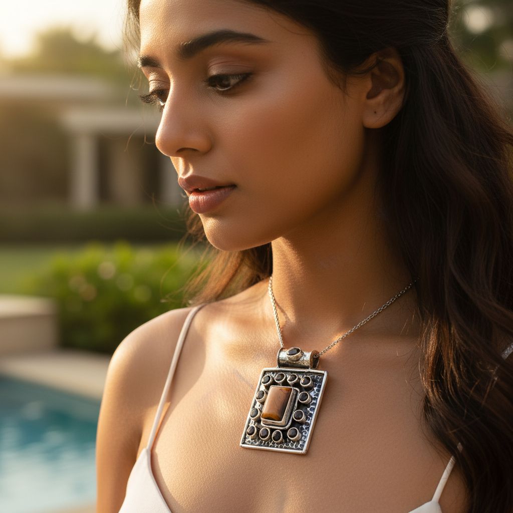 Colgante de ojo de tigre en plata 925 | Collar geométrico con piedras preciosas