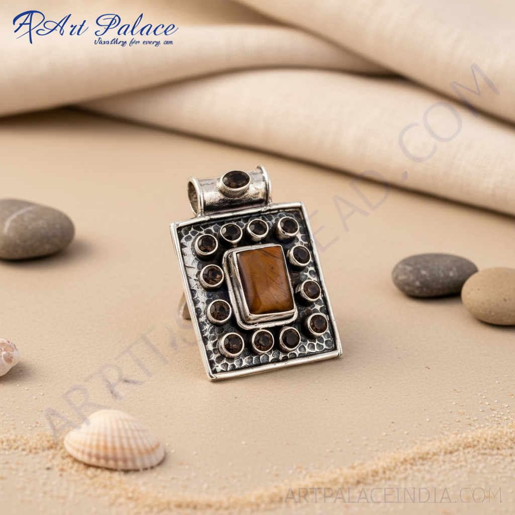 Colgante de ojo de tigre en plata 925 | Collar geométrico con piedras preciosas