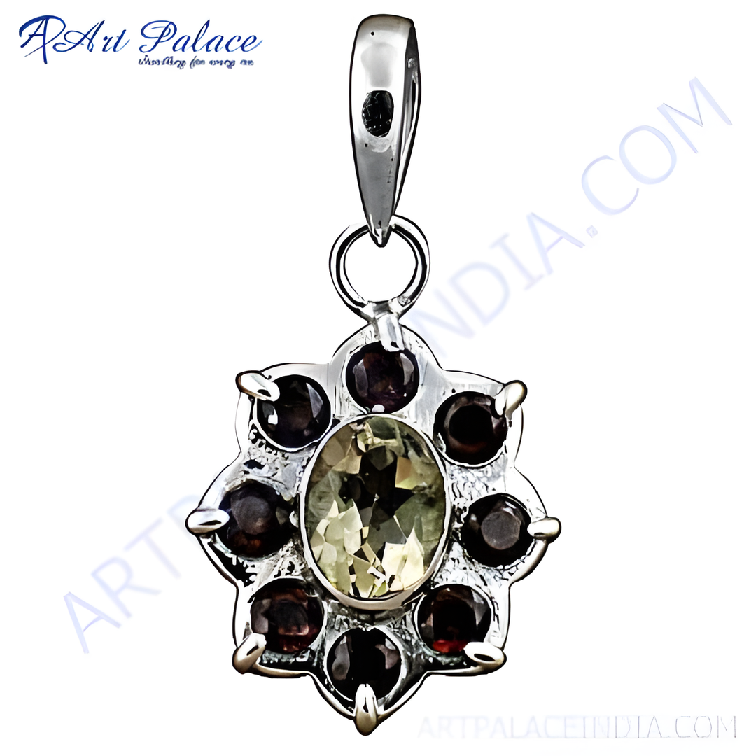 925 sterling silver gemstone pendant featuring a central oval stone and round gemstones
