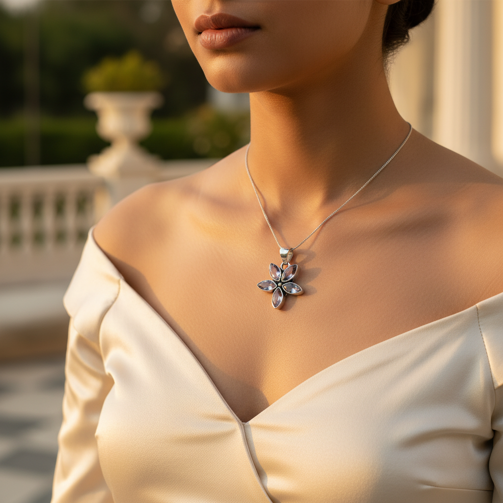 Colgante de flor de amatista en plata 925 para mujer | Joyería con piedras preciosas