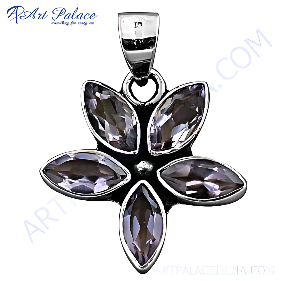 925 sterling silver amethyst flower pendant with purple gemstones.