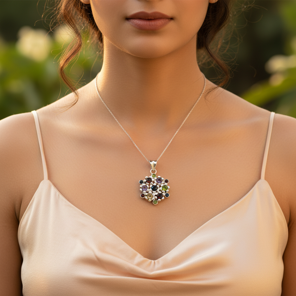 925 Silver Gemstone Flower Pendant for Women | Colorful Jewelry