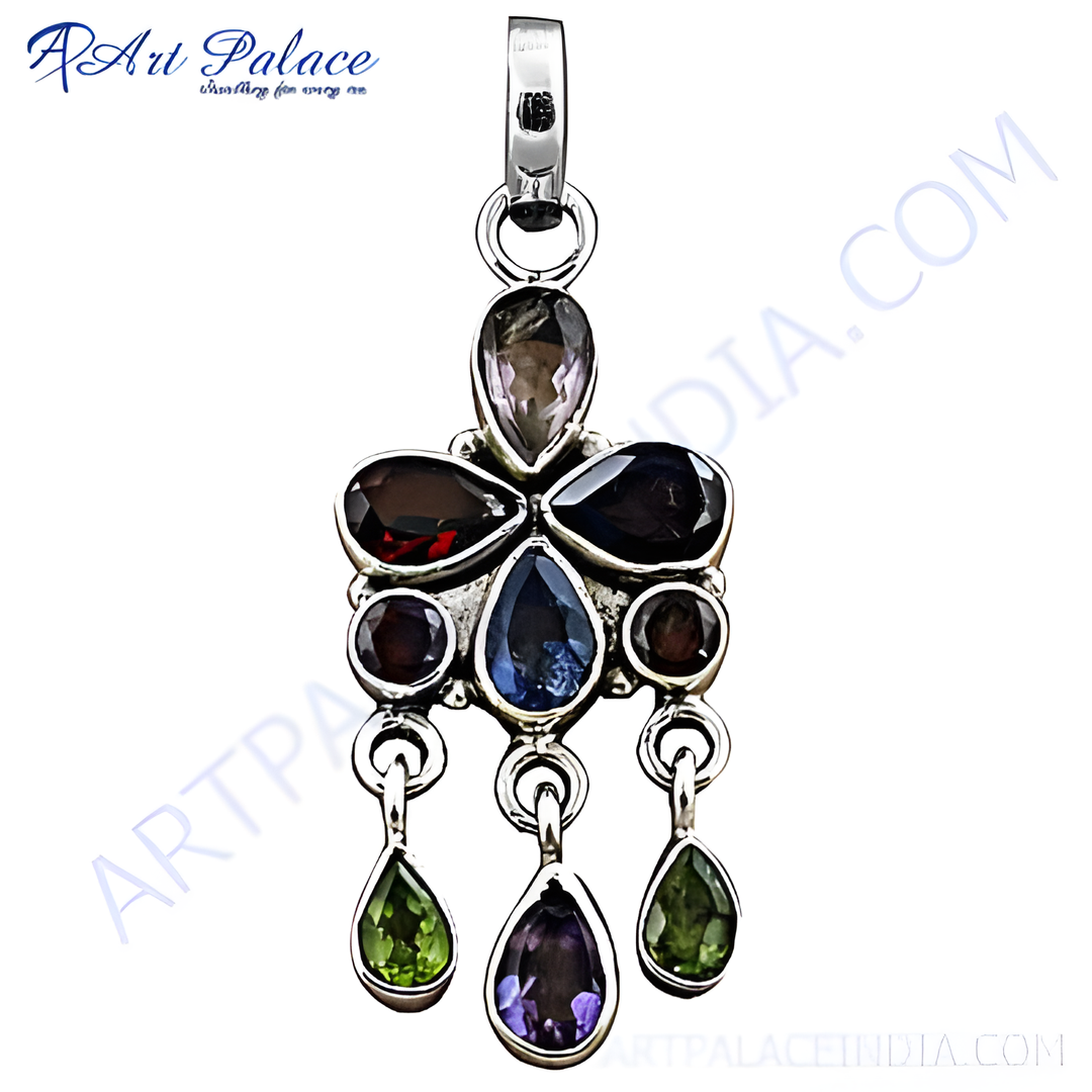 Sterling silver gemstone pendant with amethyst, peridot, garnet, and blue topaz stones in a unique design.