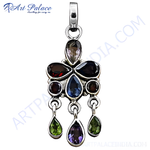 Load image into Gallery viewer, Sterling silver gemstone pendant with amethyst, peridot, garnet, and blue topaz stones in a unique design.
