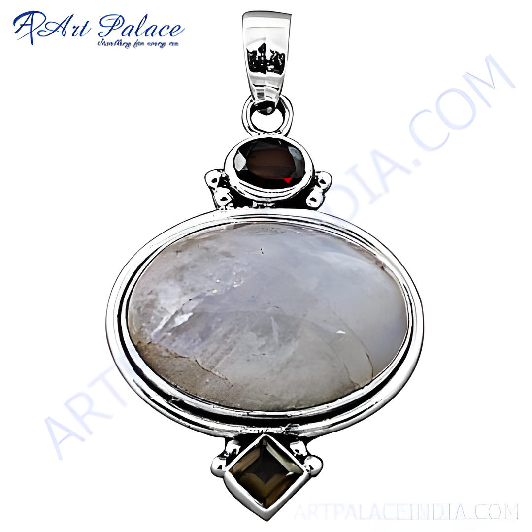 Sterling silver moonstone pendant with a large oval-shaped iridescent gemstone, complemented by small accent gemstones, for women.
