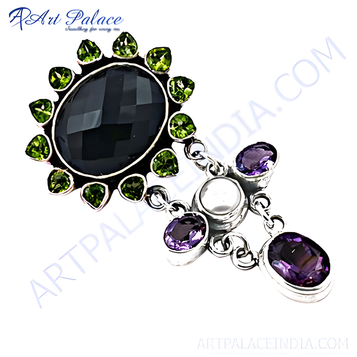 925 sterling silver pendant necklace with a large black onyx center stone, peridot accents, and amethyst details