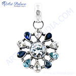 Load image into Gallery viewer, 925 sterling silver flower pendant necklace with gemstones in blue and white colors.

