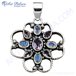 Load image into Gallery viewer, 925 sterling silver flower pendant with amethyst and moonstone gemstones, a unique necklace design
