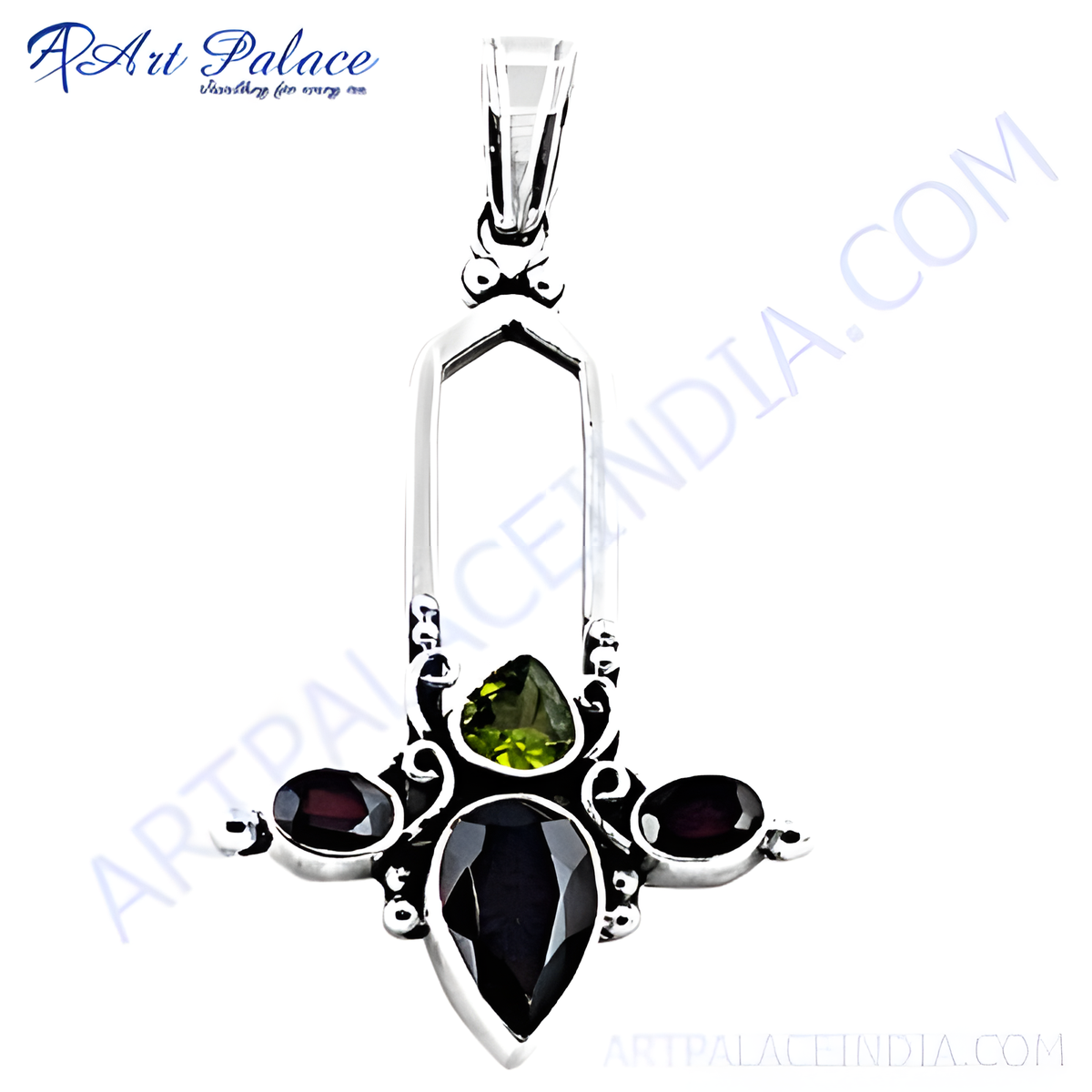 925 sterling silver pendant with pear shaped garnet, peridot, and oval garnet accents