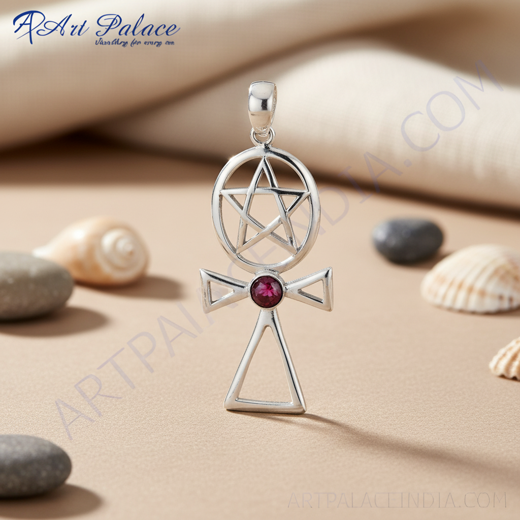 925 Silver Pentagram Cross Pendant with Garnet | Wiccan Jewelry