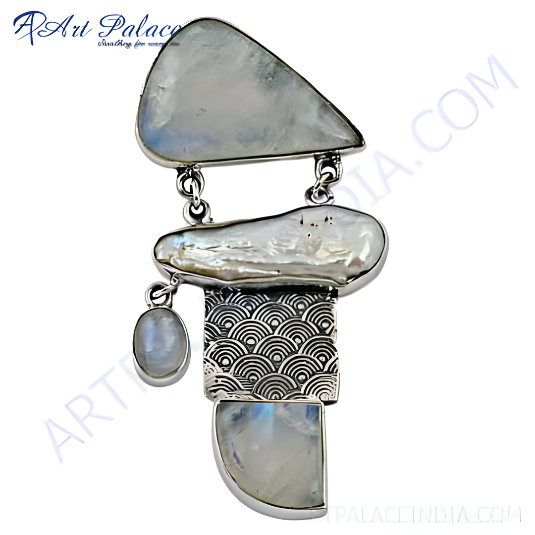 Sterling silver moonstone pendant necklace with three moonstone gemstones in different shapes.