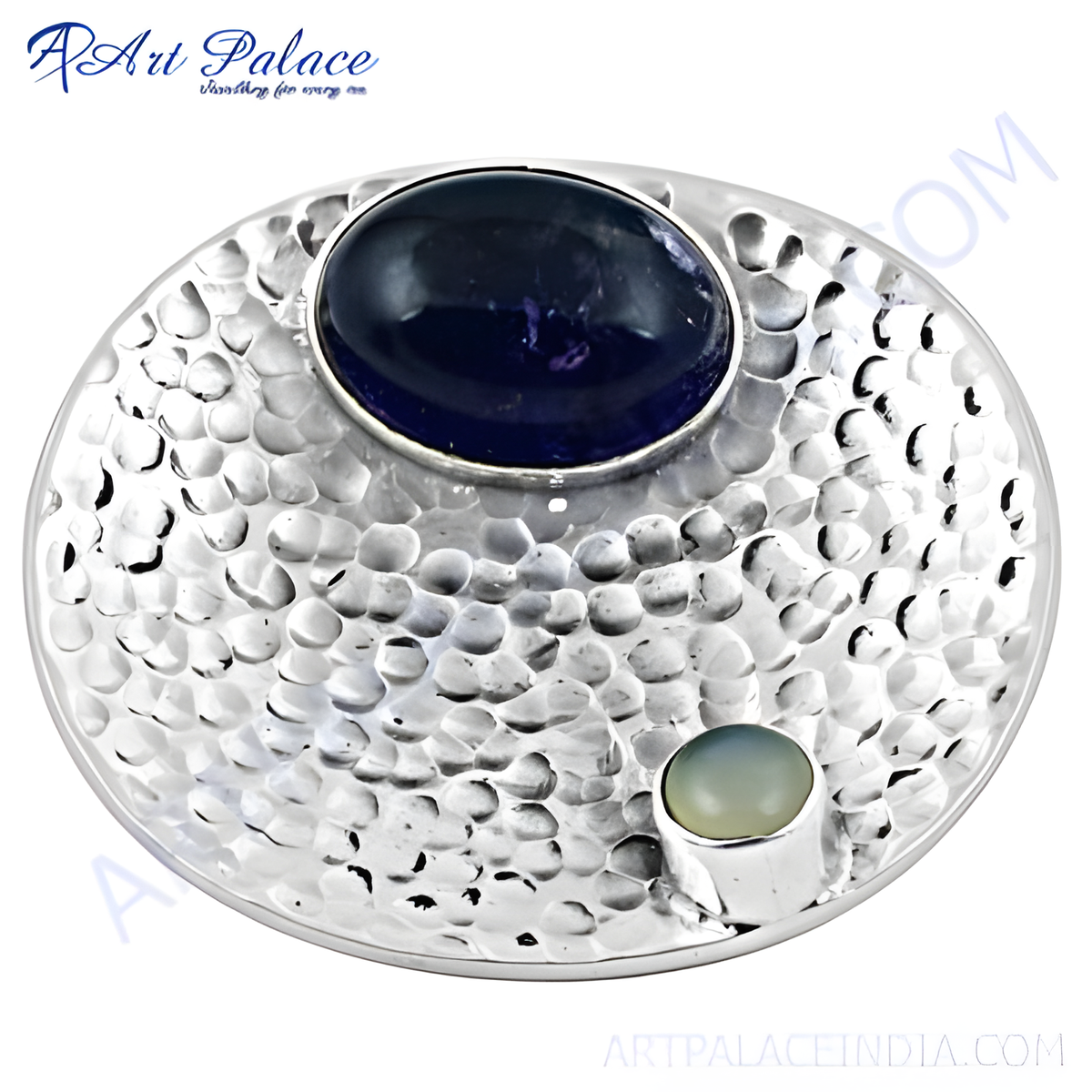 925 sterling silver hammered ring with a large blue gemstone and a smaller green stone