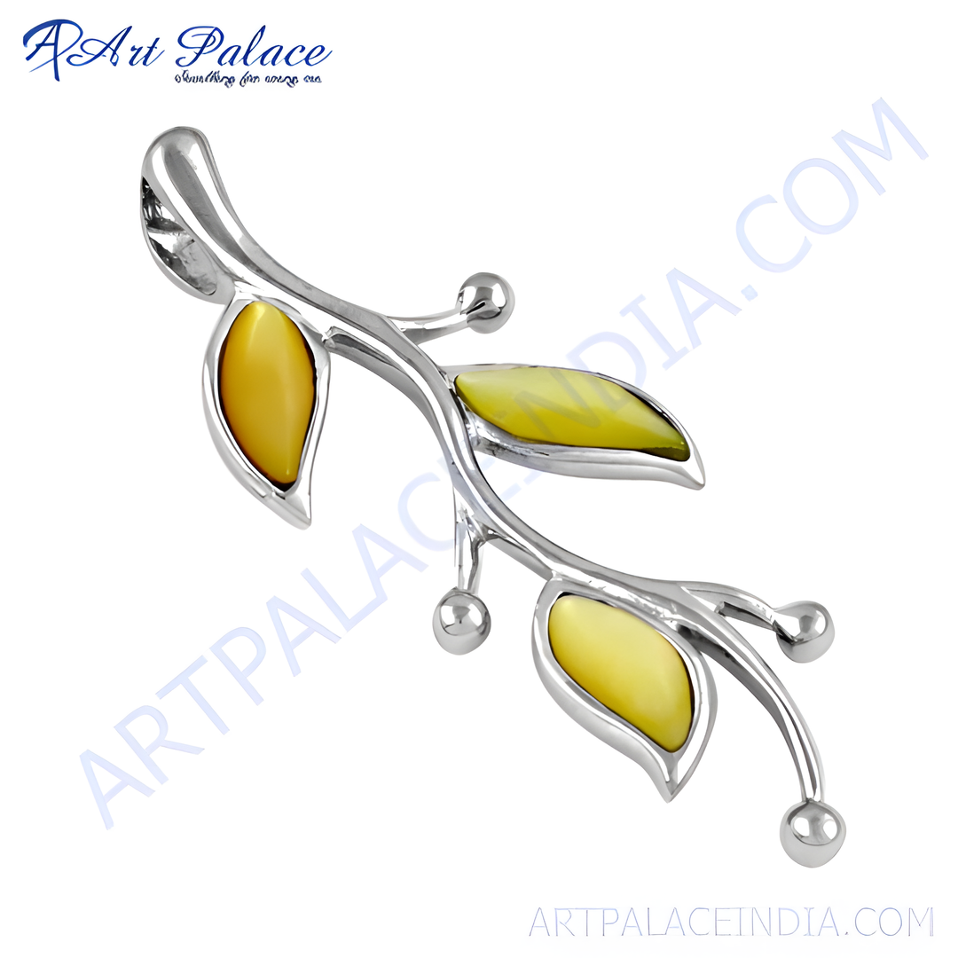 Sterling silver leaf pendant with yellow gemstone accents, perfect for women's jewelry.