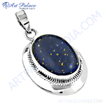 Load image into Gallery viewer, 925 sterling silver oval pendant with a deep blue lapis lazuli gemstone and gold plating flecks.
