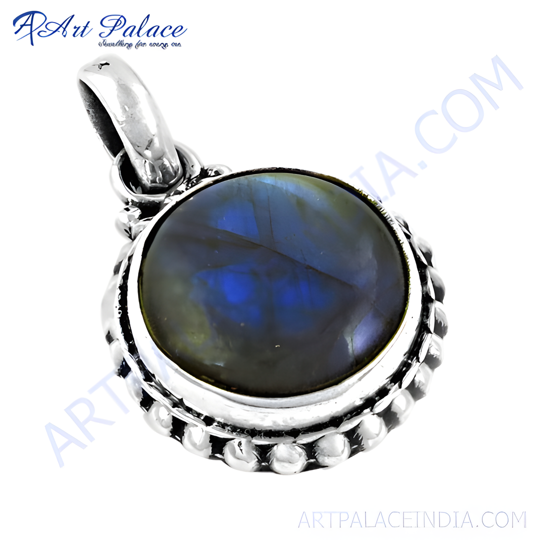 925 sterling silver labradorite pendant with a round, iridescent blue gemstone, perfect for necklace.