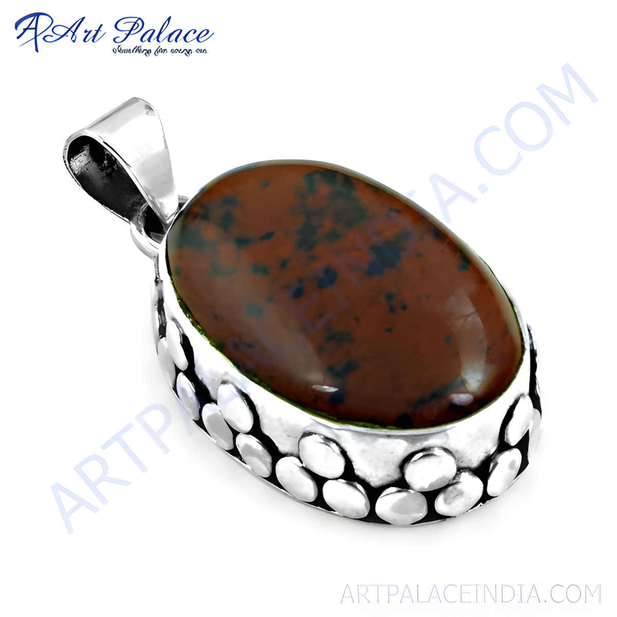 925 sterling silver bloodstone pendant, oval gemstone in a silver setting, brown and green stone jewelry