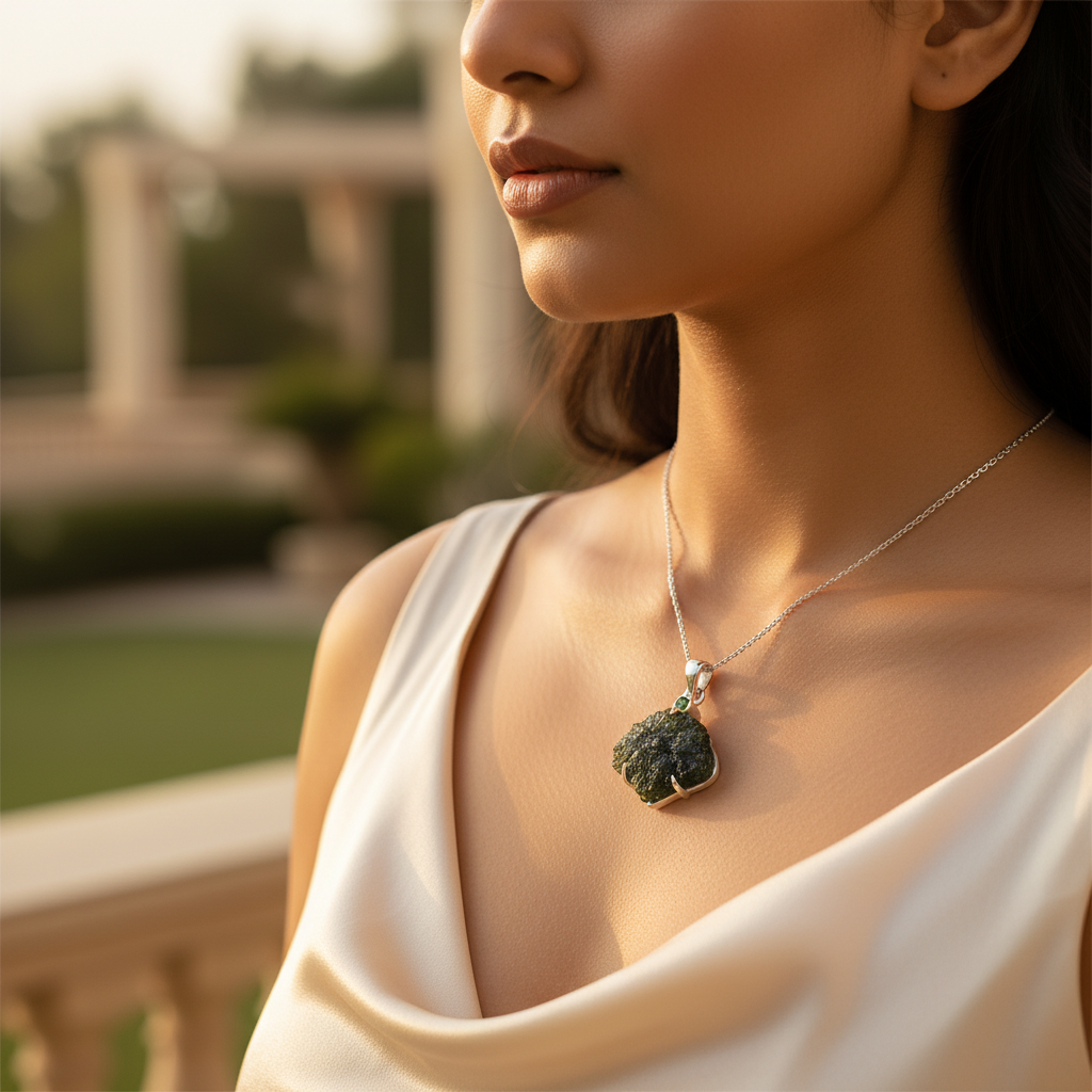 925 Sterling Silver Moldavite Pendant for Women | Gemstone Jewelry