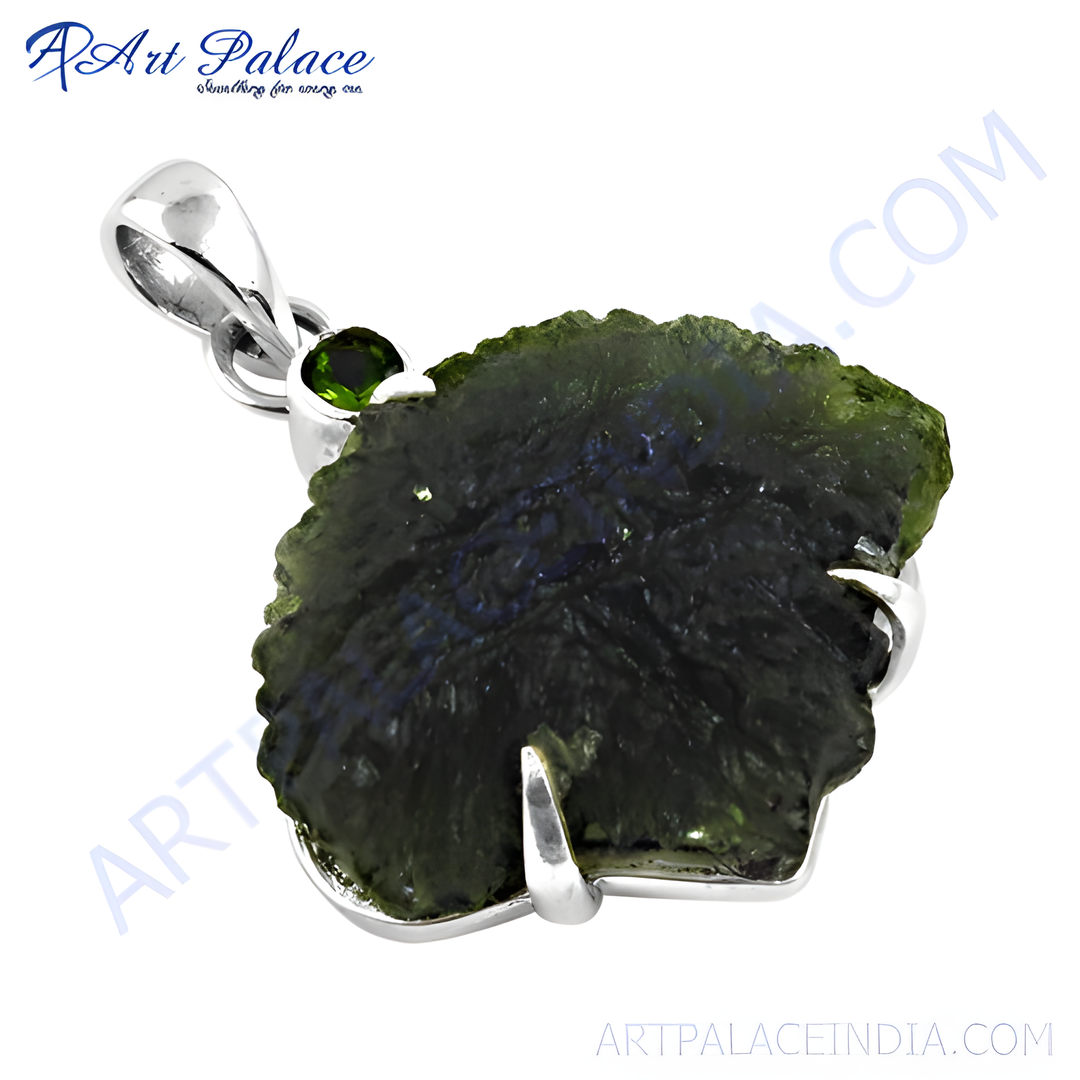 925 sterling silver moldavite pendant with a green natural gemstone. Unique and elegant.