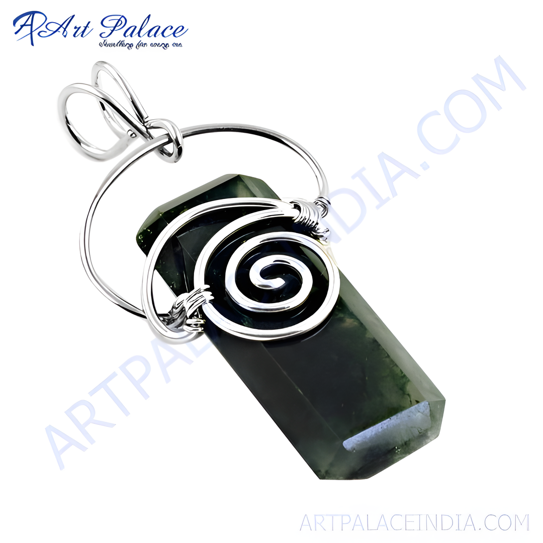 Silver wire wrapped green gemstone charm pendant, featuring a unique spiral design.