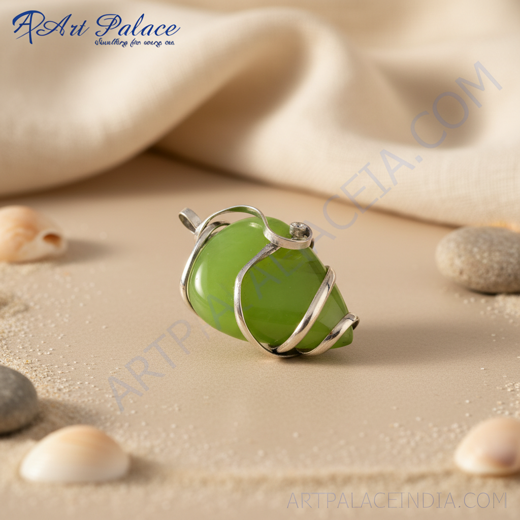 Silver Green Stone Pendant for Women | Modern Necklace Gift