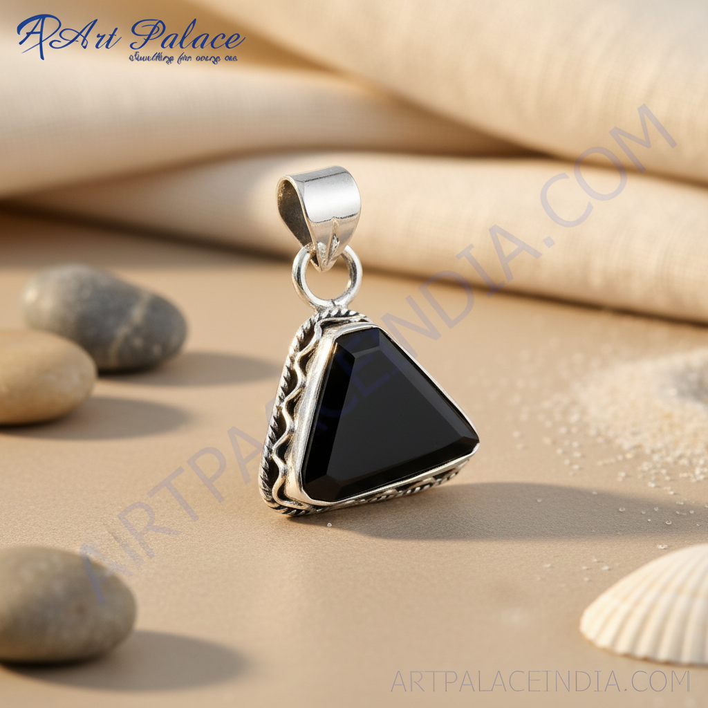 925 Silver Onyx Triangle Pendant | Black Gemstone Jewelry
