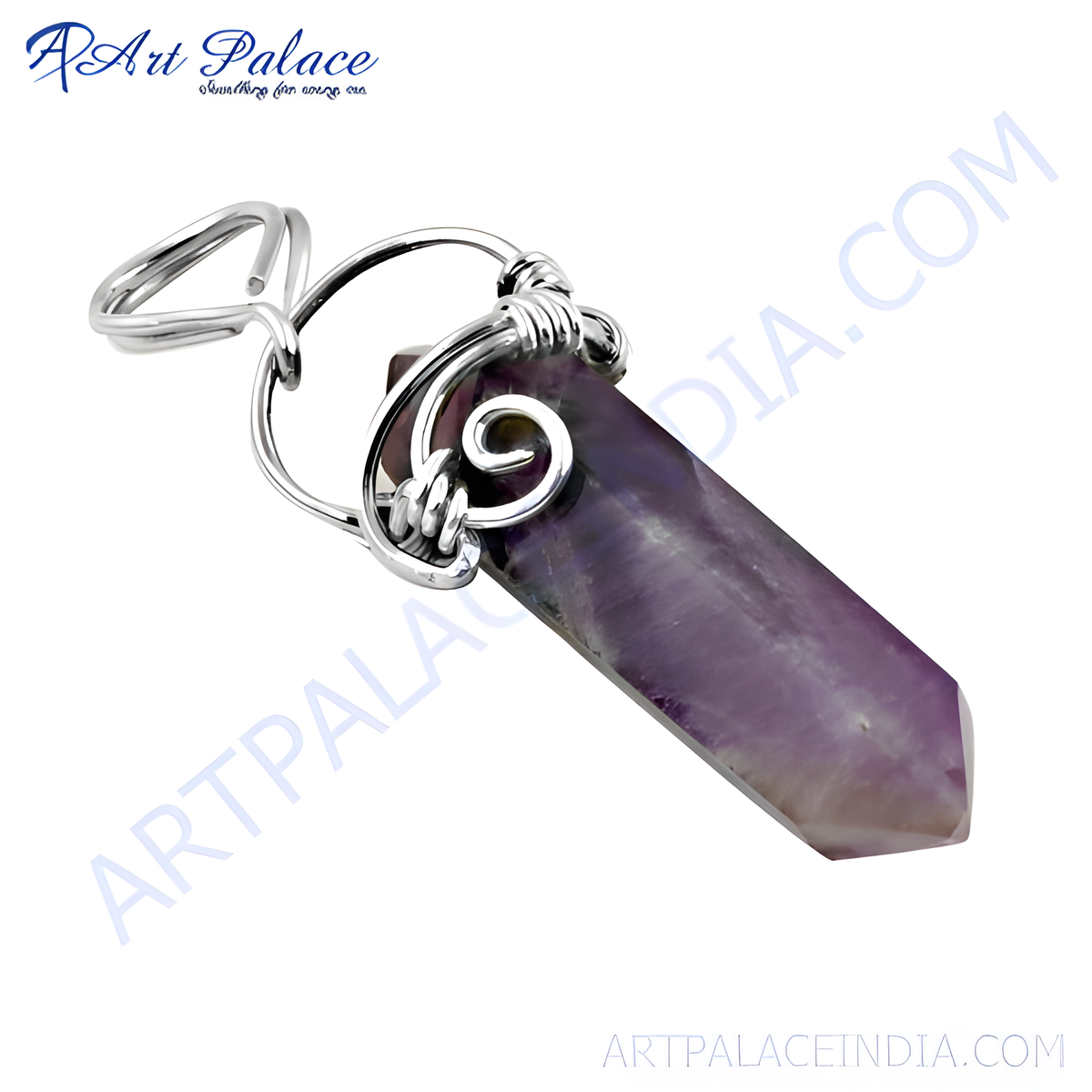 Silver pendant featuring a polished amethyst crystal gemstone