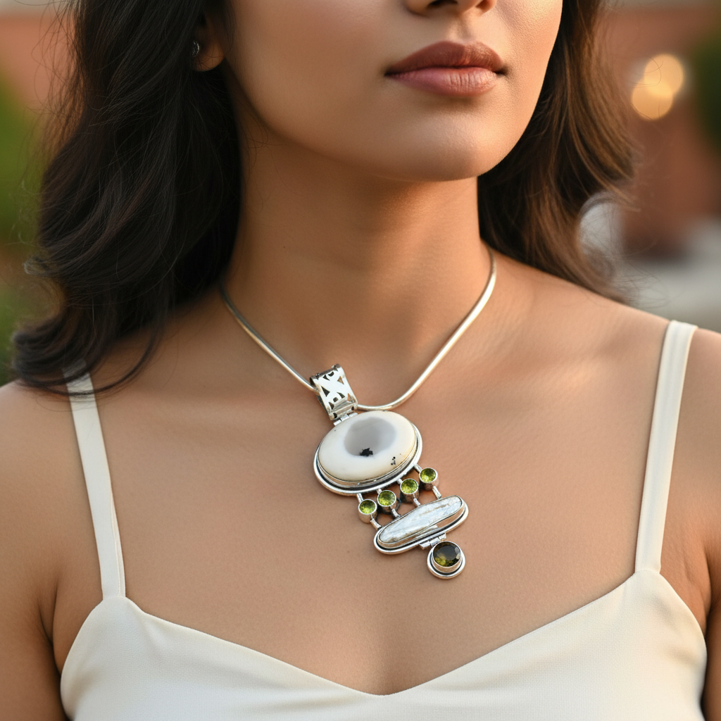 925 Silver Dendritic Opal & Peridot Pendant for Women | Gift